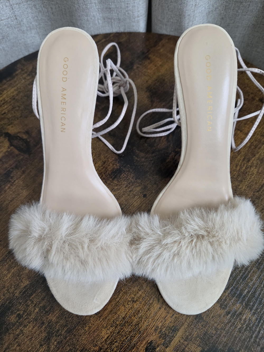 Good American Faux Fur Lace-Up Heels